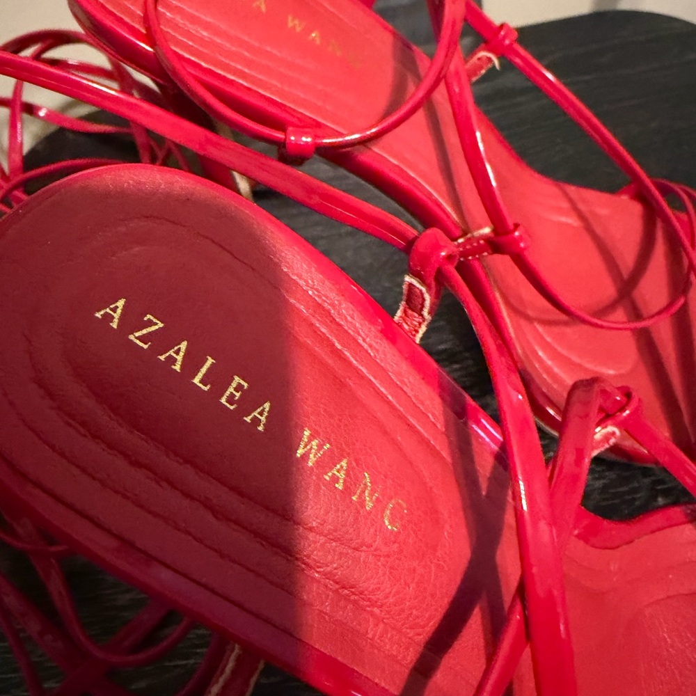 Azalea Wang Red Patent Lace Up Square Toe Heels Size 7 | Strappy Stiletto - Picture 2 of 9